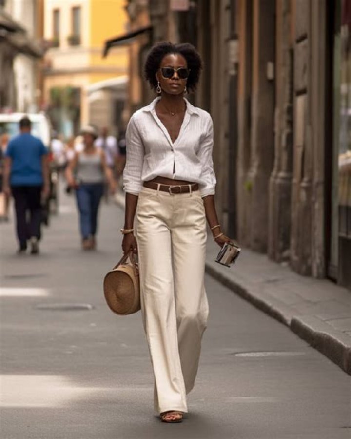 Woman in beige linen outfit standing by a pool